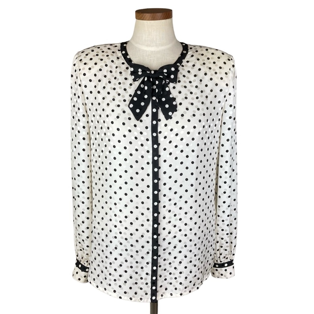 Maggie London Silk Long Sleeve Polka Dot Bow Blouse Sz 6
